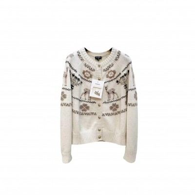 CHANEL CARDIGAN LONG SLEEVE REINDEER CLOVER TWEED CASHMERE 
